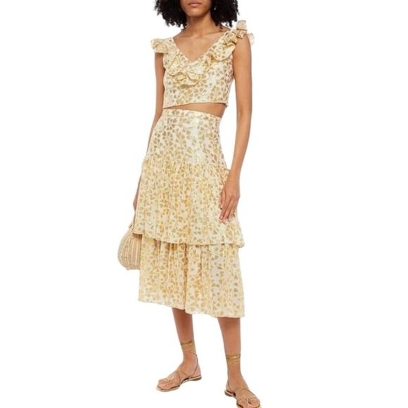 PALOMA BLUE Eden Layered Tiered Ruffled Metallic Fil Coupé Silk blend Skirt Gold - Picture 1 of 15